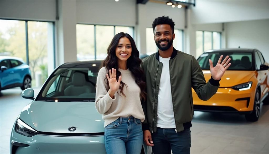 A smiling couple waving beside new cars in a showroom